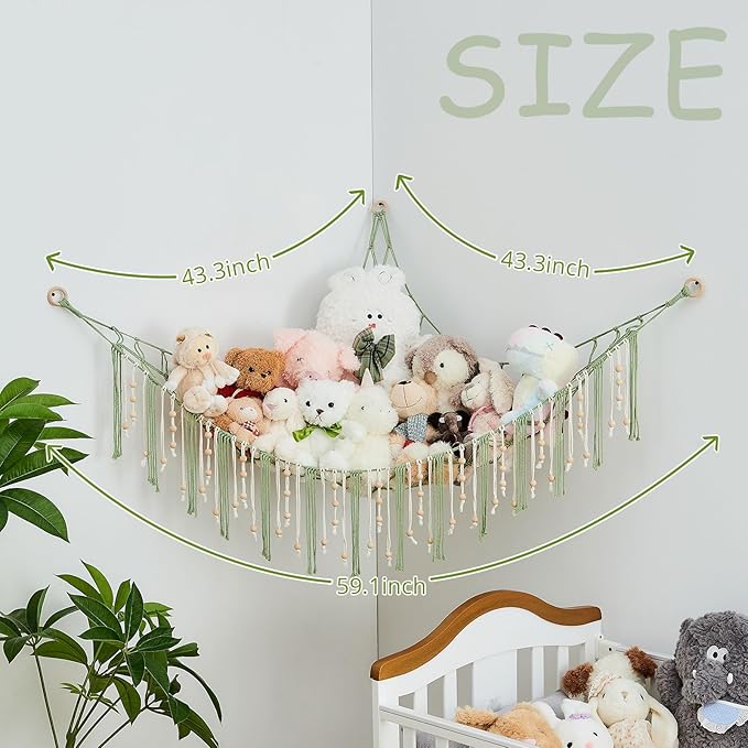 Pretty Jolly Stuffed Animal Storage Hammock with Wooden Beads Corner Hanging Net Boho Tassel for Toy Plush Holder for Kid Room Nursery Decor Wall Display Organizer for Girls Boy Gift(Sage Green)