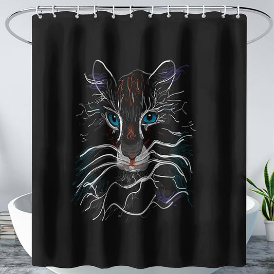AILONEN Cat Shower Curtain for Kids Teens,Colorful Line Cat Bath Curtain for Bathroom,Animal Polyester Waterproof with 12 Plastic Hooks 72" W*84" H