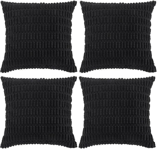 Fancy Homi 4 Packs Boho Black Decorative Throw Pillow Covers 22x22 Inch for Living Room Couch Bed Sofa, Rustic Modern Farmhouse Home Decor, Soft Plush Corduroy Cute Square Cushion Case 55x55 cm