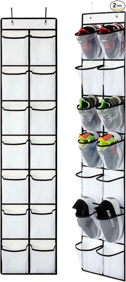 KEEPJOY Over the Door Shoe Organizer, Hanging Shoe Organizer with 4 Hooks, Shoe Holder with 14 Mesh Pockets Closet Door Shoe Storage Bag (White-2Pack)