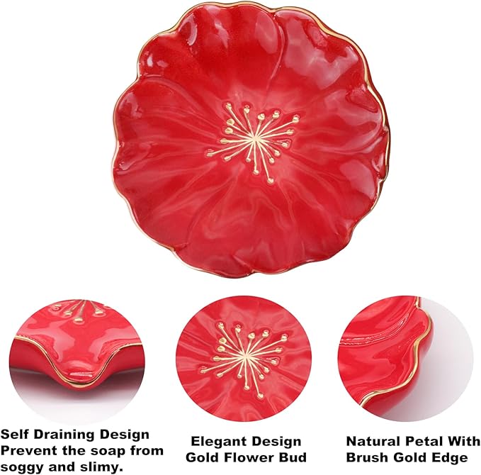 Ceramic Self Draining Soap Dish Red Hibiscus Flower Waterfall Soap Dish Soap Savers for Bathroom,Shower,Bar Counter