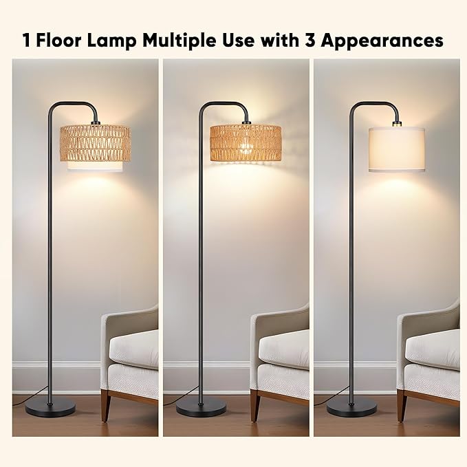 PARTPHONER 68‘’Floor Lamp for Living Room with 3 Color Temperatures, Farmhouse Standing Lamp with Remote & Dimmable Bulb, Boho Lamp Rattan & Fabric Shades, Black