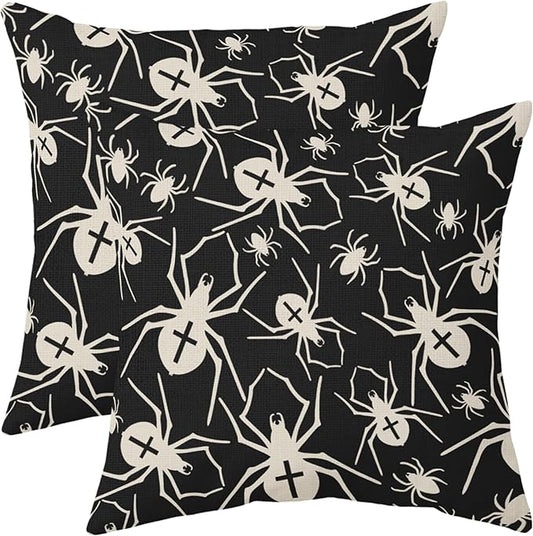 Black Halloween Pillow Covers 16x16 Set of 2 Cream Spider Print Outdoor Decorative Throw Pillows Holiday Scary Themed Farmhouse Pillowcases Linen Cushion Case Decor for Home Sofa Couch Bed