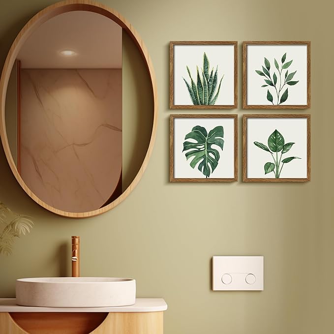 ArtbyHannah Framed Bathroom Wall Decor, 10x10 Inch Botanical Wall Art with Sage Green Plant Print for Wall Decoration, Minimalist Restroom Decor (Walnut)
