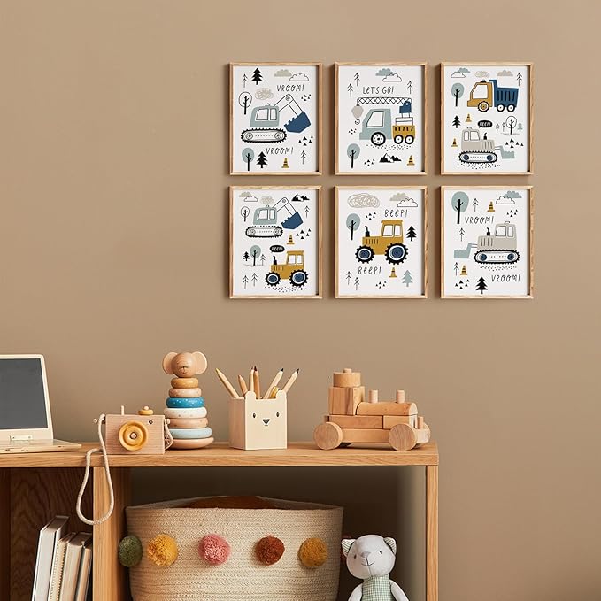 Canssape Set of 6 Baby Boy Nursery Wall Decor | 8"x10"Construction Room Decor for Boys | Truck Wall Art For Kids Room (Unframed)
