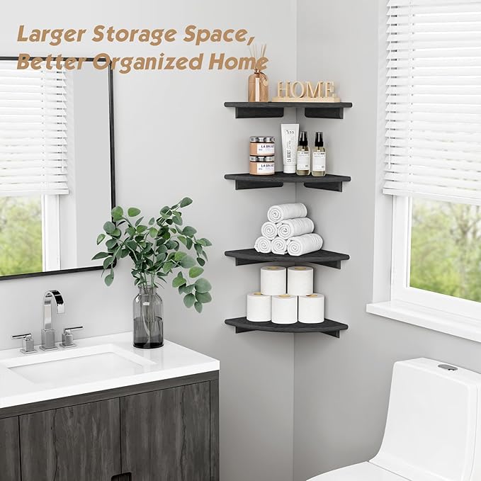 Forbena Black Floating Corner Bookshelf for Wall Set of 4, Large Corner Plant Shelves for Living Room, Rustic Rounded Corner Bookshelves Wall Mounted for Bedroom Books, Kitchen, Closet, Office