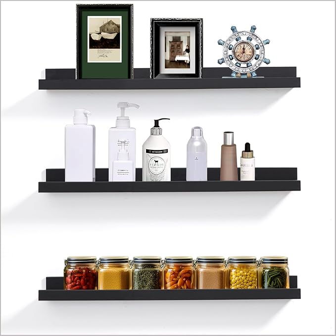 Floating Picture Ledge Shelves for Wall Set of 3, 24 Inch Wall Shelves with Lip Long Large Nursery Book Shelf for Toys Storage Kids Bookshelf Wall Mounted Living Room Bedroom Decor Frames(Black)