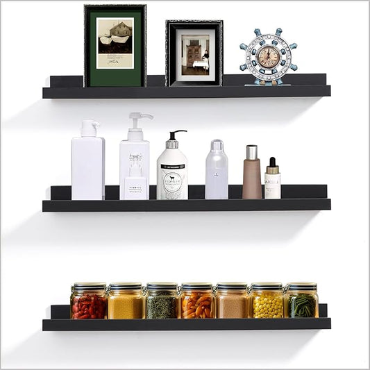 Floating Picture Ledge Shelves for Wall Set of 3, 24 Inch Wall Shelves with Lip Long Large Nursery Book Shelf for Toys Storage Kids Bookshelf Wall Mounted Living Room Bedroom Decor Frames(Black)