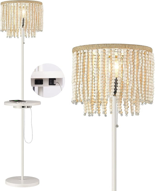 ELYONA Boho Standing Light Birch Wood Beaded Table Floor Lamp with USB Type-C Charging Ports and Outlet, 58" Tall Reading Lamp, Side Table Lamp for Farmhouse Bedroom Livingroom Girl Room, White