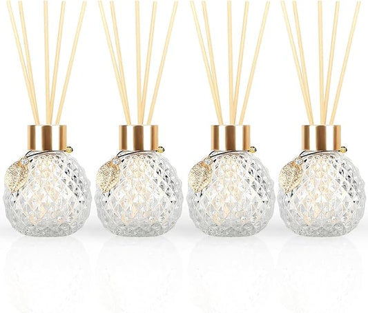 4Pcs Reed Diffuser Set with Metal Golden Decoration, 3.5oz Empty Reed Diffuser Bottles with 20Pcs Reed Diffuser Sticks, Unique Design Bottles for Home and Office(Spiky Ellipsoidal)