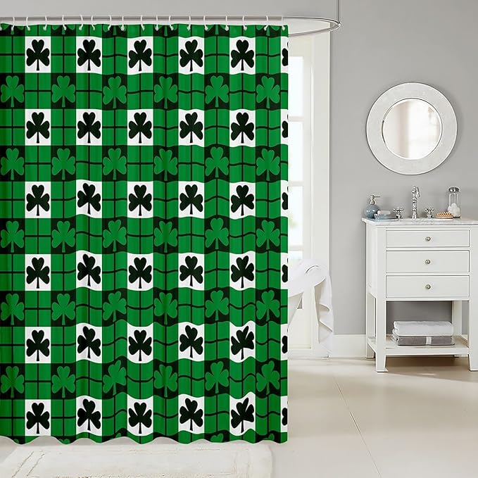 Manfei Green Leaf Kids Shower Curtains,Happy St. Patrick's Day Irish Holiday Bathroom Curtains for Girls Boys,Geometric Plaids Grids Patchwork Rustic Waterproof Curtains,12 Hooks Suits,72" W x 78" L