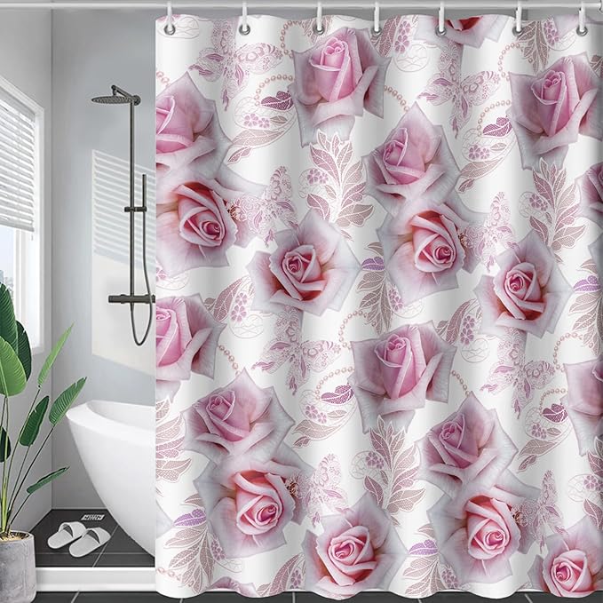 AILONEN Girls Rose Shower Curtain 60" W*72" H, Pink Rose Shower Curtain with 12 Hooks,Waterproof Floral Shower Curtain for Bathroom,Romantic Flower Pink Shower Curtain