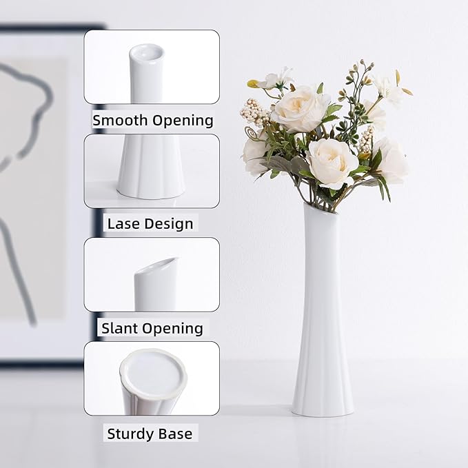 Bud Vase, White Small Ceramic Bud Vase for Modern Home Decor, Flower Bud Vase for Centerpieces Elegant Minimalism Style Fit Table Shelf Fireplace Bedroom Kitchen Living Room Office