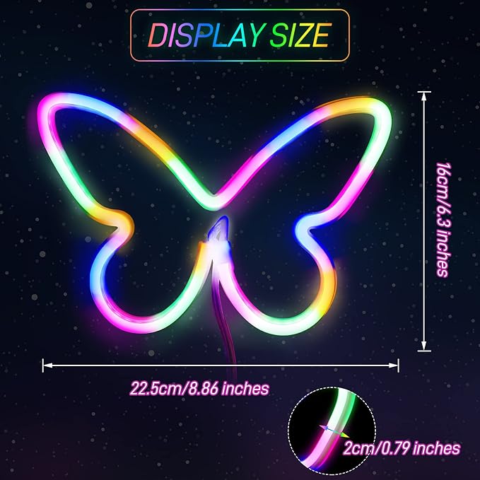 Riakrum 2 Pcs Butterfly Neon Signs LED Light 3AA Battery Powered USB Operated Wall Neon Light Decor Butterfly Wall Art for Christmas Home Bedroom Birthday Party Decor(Pink, Colorful)