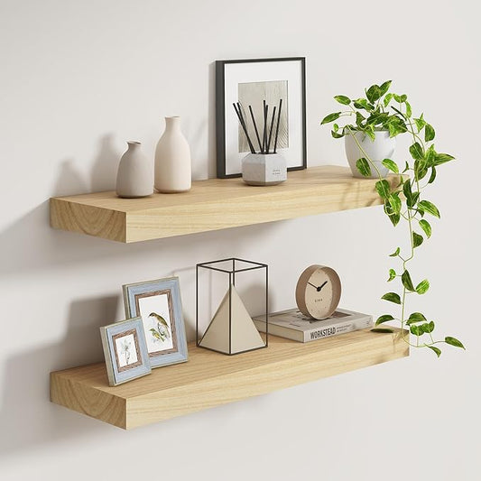 Fun Memories Deep Floating Shelves 30 Inch Long, Natural Wood Floating Shelf for Wall, Set of 2, Rustic 9 Inch Deep Wall Shelves, Deep Bathroom Shelves for Storage & Display, Natural Color
