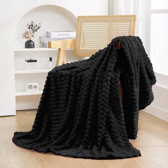 Puncuntex Black Throw Blanket 108"×90" inches Fuzzy 3D Jacquard Decorative Flannel Fleece Super Soft Plush Cozy Blanket for Couch Sofa Chair Lightweight