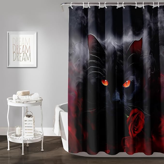 AILONEN 3D Black Cat Shower Curtain,Cat with Red Rose Polyester Cloth Bath Curtain Set for Kids Boys,Fog with Flowers Waterproof Shower Curtain for Bathroom, 72" W*78" H Black