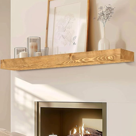 72" Fireplace Mantel, 3'' Thick Handmade Rustic Solid Wood - Wall Long Floating Shelf with Invisible Metal Bracket, Wood Color