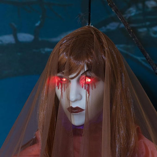 HollyHOME Halloween Hanging Ghost Sound Activated Ghost Girl with Red Glowing Eyes and Creepy Screaming Sound Halloween Outdoor Haunted House Decorations 45 ‘’