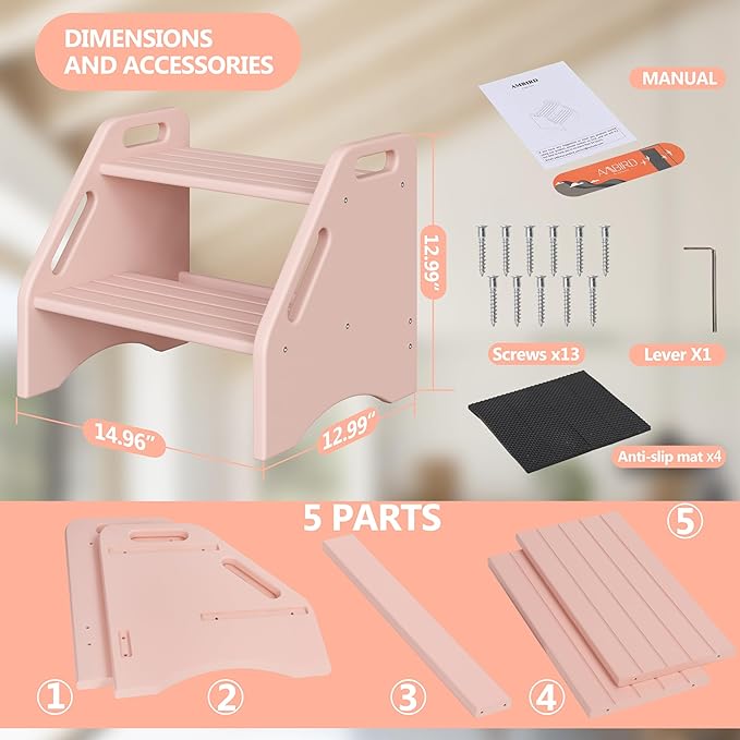 AMBIRD Wooden Step Stool, Two Step Stools Toddler 300 lbs Capacity with Safety Non-Slip Pads and Handles, Bamboo Step Stool for Bathroom, Kitchen Step Stools Dual Height Step Stools for Kids (Pink)