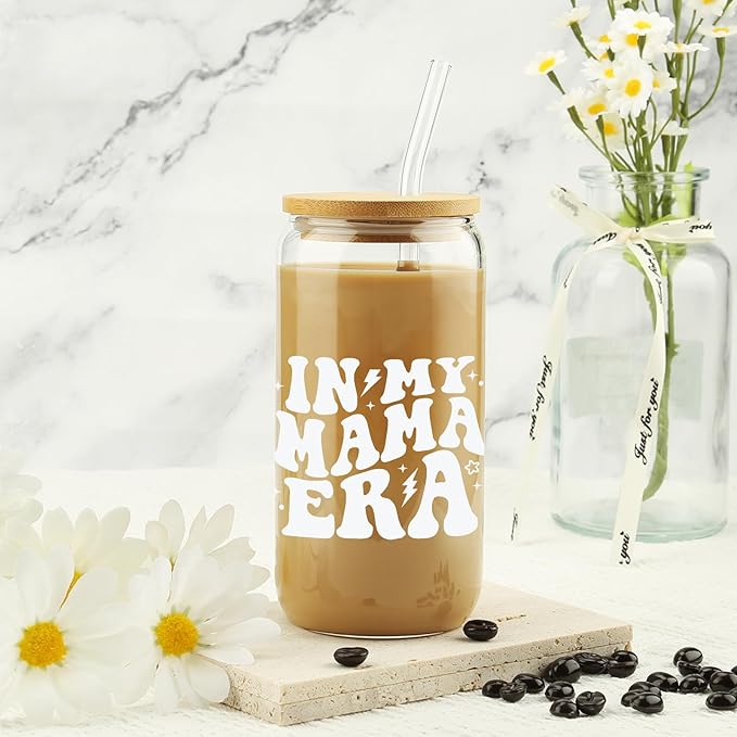Mother's Day Gifts for New Mom - Unique Birthday Gifts for Pregnant Mom, Pregnancy Announcement Coffee Tumbler, New Mother Coffee Cup, Baby Announcement Gifts - 16oz Coffee Glass Cup Set w/Straw Lid