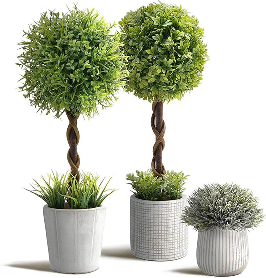 3 Pack Small Fake Plants 14.57 Inch, Small Artificial Boxwood Topiary Trees Potted in Cement Planter, Artificial Plants Indoor/Outdoor for Home Bathroom Bedroom Kitchen Office Room Decor