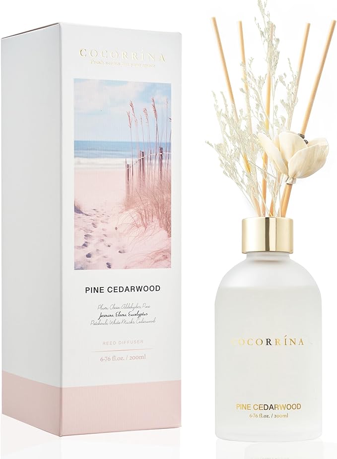 COCORRÍNA Reed Diffuser - Pine Cedarwood 6.76 oz Flower Reed Diffuser Set with 8 Sticks - Home Fragrance Bedroom Bathroom Shelf Decor