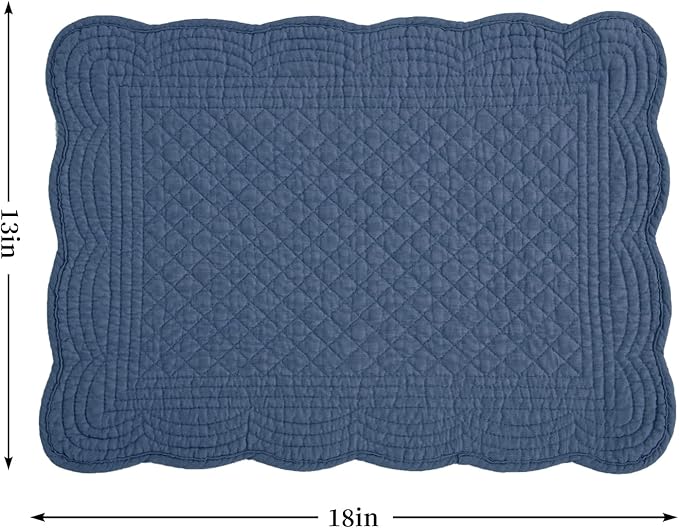 HOMBYS Quilted Placemats Set of 6 Washable-13x18 inches Rectangular Placemats for Kitchen Table-100% Cotton Fabric Rectangular Table Mats, (Sapphire Blue)