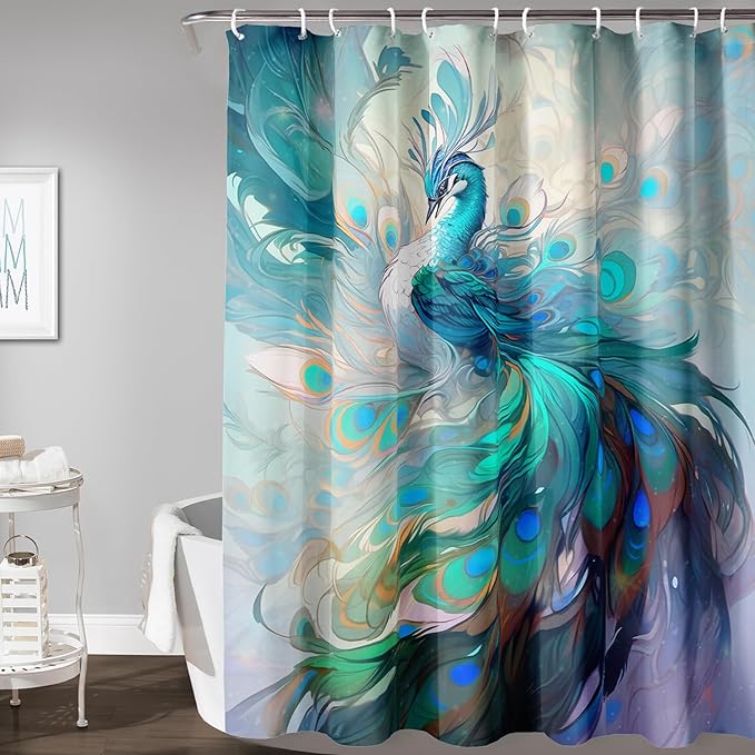 AILONEN Peacock Shower Curtain, Green Bird Shower Curtain for Bathroom Decor,Beautiful Bird Peacock Bath Curtain for Girls Women Fresh Nature Waterproof Curtains Sets 72" W*84" H