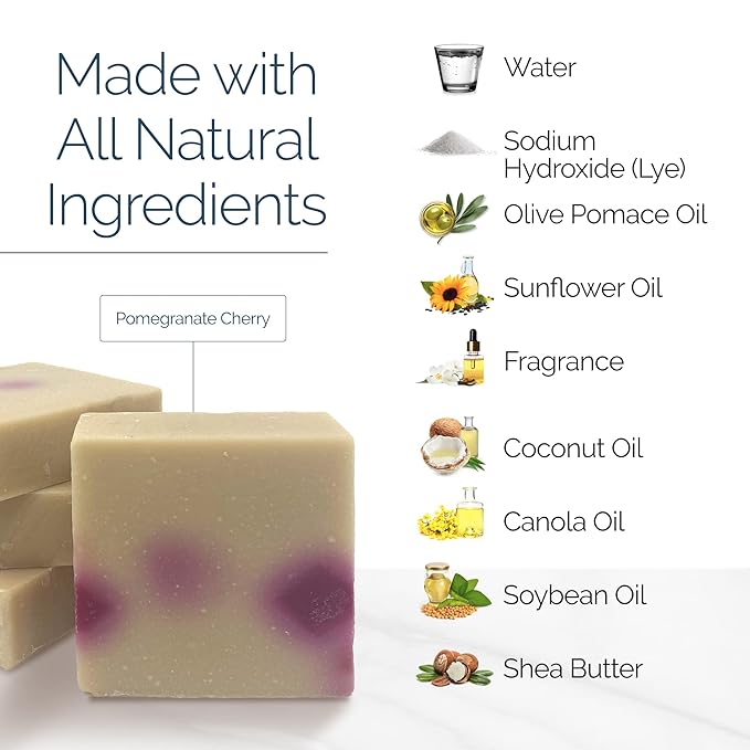 Handmade Natural Bar Soap Gift Set - 100% All Organic Vegan Bath Moisturizing Handmade Artisan Scented Cold Process Fragrant Soaps with Essential Oil - 4 Pack (Pomegranate Cherry)