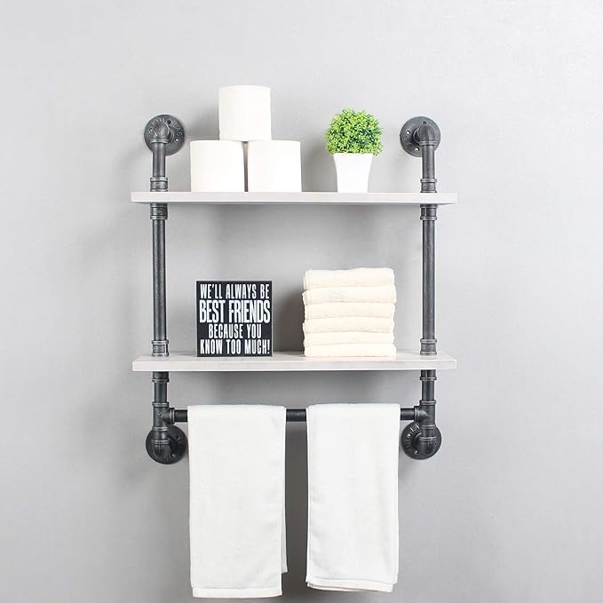 Iron Pipe Shelves, 2 Tier Industrial Bathroom Shelves with Towel Bar, Rustic Metal Pipe Wall Shelf, 24in - Retro White