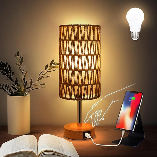 Yarra-Decor Bedside Lamp with USB Port - Touch Control Table Lamp for Bedroom (Rattan2)