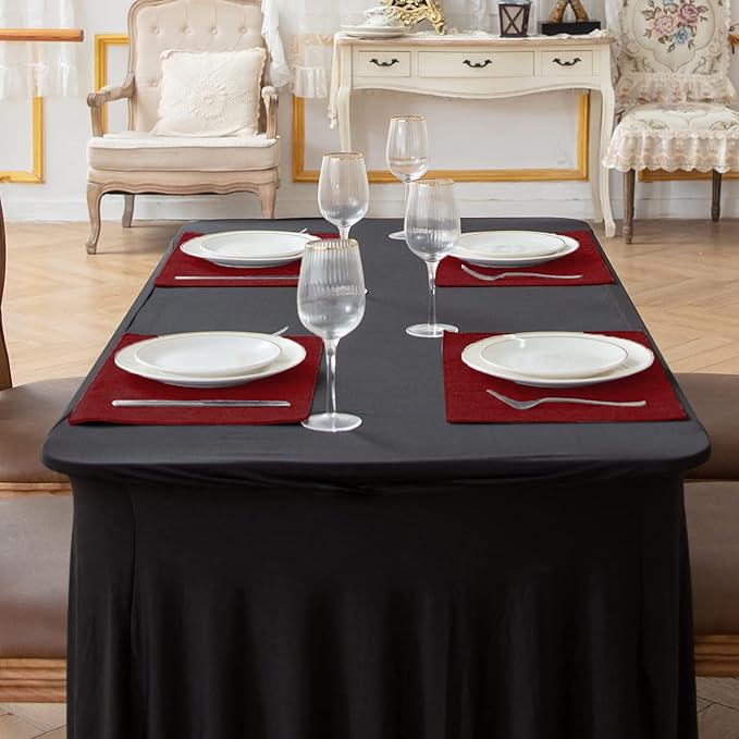 Linen Fabric Placemats Set of 6, Machine Washable, Heat Resistant, Wrinkle Free, Thick Polyester Kitchen Place Mats for Dining Table (Burgundy)