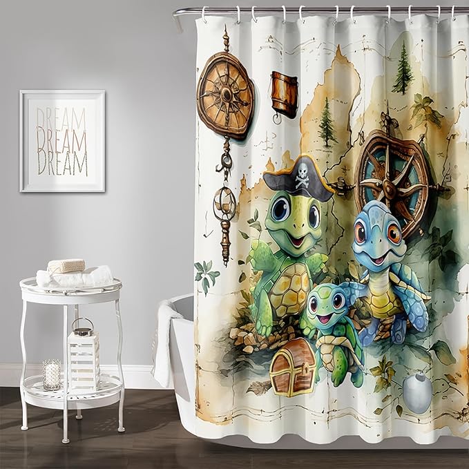AILONEN Cartoon Sea Turtle Shower Curtain,Kawaii Turtle Bathroom Curtains for Kids,Girls,Nautical Compass Anchor Shower Curtains Set with Hooks for Bathroom,60" W*72" H