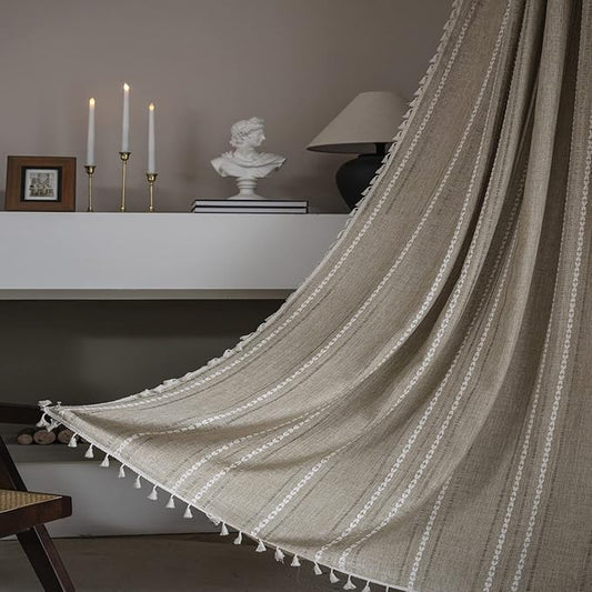 ColorBird Boho Curtains for Living Room, 63 inch Tan Linen Darkening Drapes for Bedroom, 2 Panels Embroidered Farmhouse Rustic Window Curtain Panels for Nursery Closet