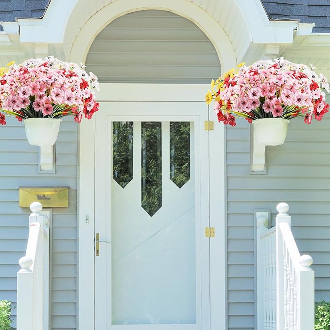 22 Bundles Artificial Flowers Outdoor, Faux Flowers UV Resistant with Plastic Plants, Faux Silk Flowers for Outdoors Outside Front Porch Hanging Planter Window Box Garden Decoration(Pink)