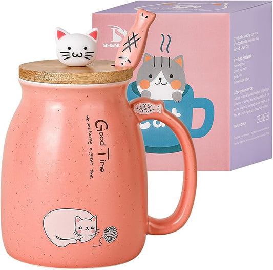 SHENDONG Cute Cat Mug - Novelty Mug for Cat Lovers, Kawaii Kitty Lid & Spoon, Japanese Style Pink, 15OZ