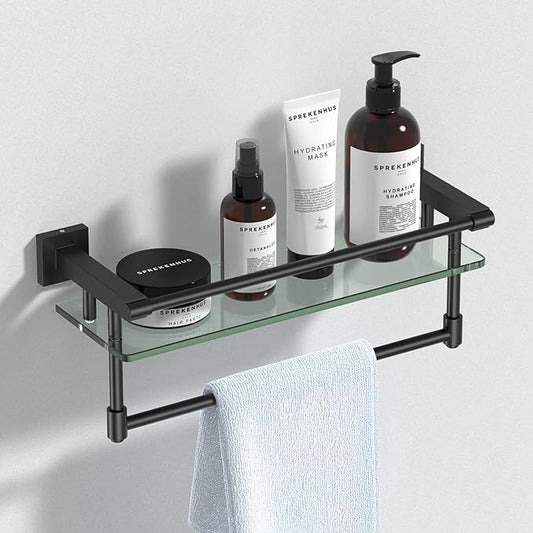 Glass Shelf for Bathroom 16 Inch Bathroom Shelves with Towel Bar, Tempered Glass Shelves with Stainless Steel Towel Holder for Wall Shelf Sink Over Toilet (Matte Black)