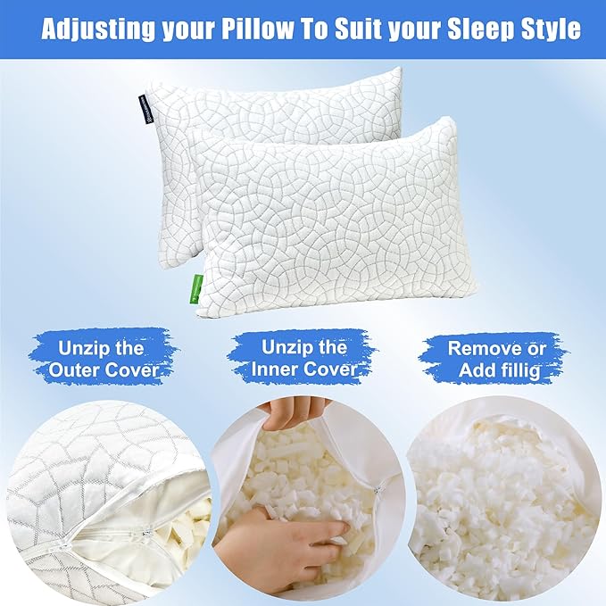 Cooling Pillows for Sleeping, Shredded Memory Foam Pillows 2 Pack, Bed Pillows Queen Size Set of 2, Adjustable Loft Soft or Firm Pillow for Side Back Stomach Sleepers with Cooling Cover