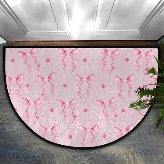 Half Round Doormat Pink Bow Rug Valentine's Day Decorative Mats Half Moon Kitchen Mat Cute Bathroom Rug Washable for Living Room Bedroom Decorative Gift