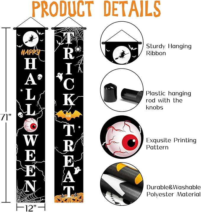 Halloween Door Decorations Outdoor Trick or Treat Banners Halloween Hanging Welcome Signs for Front Porch Yard Garland Garden Party Supplies Indoor Witch Wall Decor