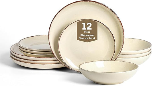 Earth and Clay Heath 12-Piece Dinnerware Set Stoneware, Plates and Bowls Set, Dishwasher and Microwave Safe, Dish Set for 4, Coffee