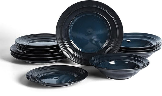 Earth & Clay Celeste 24-Piece Dinnerware Set Stoneware, Plates and Bowls Set, Includes Dinner and Salad Plates, Cereal Bowls, Dishwasher and Microwave Safe, Dishes for 8, Blue