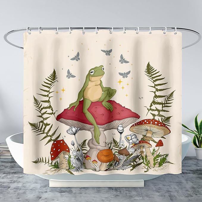 AILONEN Frog Mushroom Shower Curtain Cartoon Animal Wildlife Red Mushroom Boho Aesthetic Minimalist Modern Art Bathroom Decor 36" W*72" H Shower Curtains with 12 Hooks