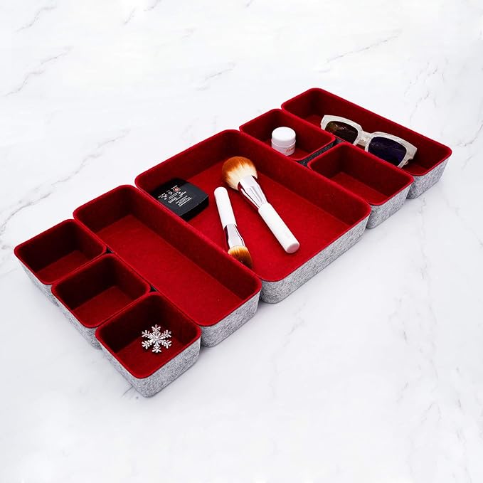 Welaxy drawer organizers trays dividers small shallow felt storage bin soft sturdy office suppliers closet cabinet makeup crafts pens junk desk decluterring box 8-piece (Maroon)