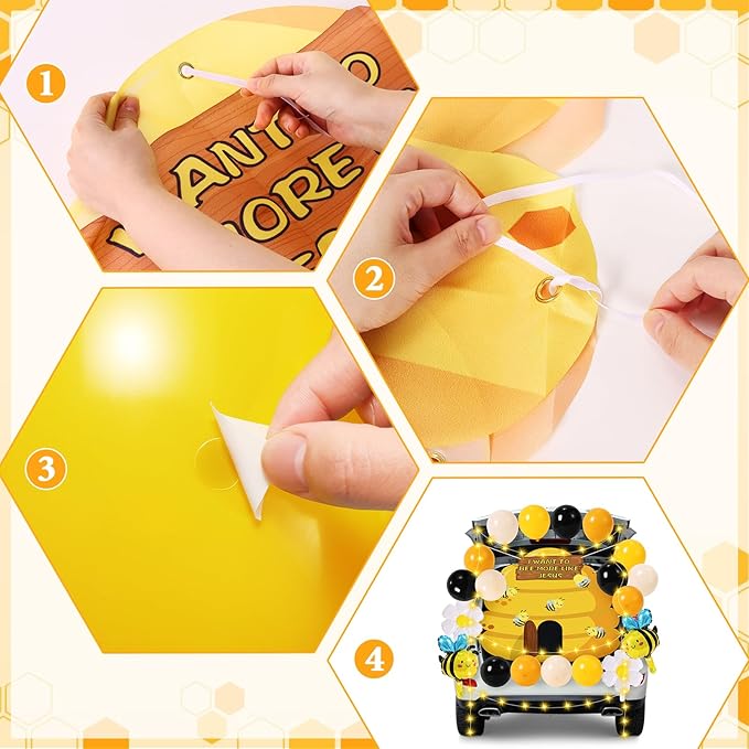 Halloween Trunk or Treat Car Decorations Kit - Halloween Car Decor with Bee Theme Banner, Balloons, Yellow String Lights, Halloweens Outdoor Decorations for Cars SUV Garage Door Entryway Archway
