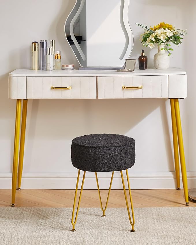 IBUYKE Teddy Velvet Round Footrest Ottoman, Makeup Vanity Side Table, Velvet Dressing Table Seat, Pouf Couch Stool for Living Room Bedroom, Black WBD009B