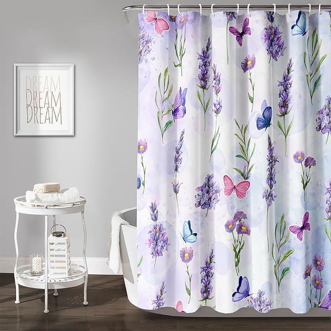 AILONEN Purple Flower Butterfly Shower Curtain 36" W*72" H,Spring Floral Girls Bathroom Decor,Modern Tie Dye Watercolor Butterfly Bath Curtain Polyester Waterproof Bathroom Curtain with Hooks