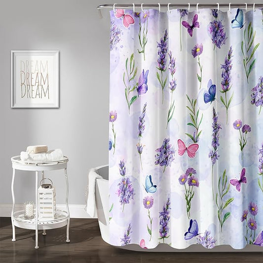 AILONEN Purple Flower Butterfly Shower Curtain 36" W*72" H,Spring Floral Girls Bathroom Decor,Modern Tie Dye Watercolor Butterfly Bath Curtain Polyester Waterproof Bathroom Curtain with Hooks