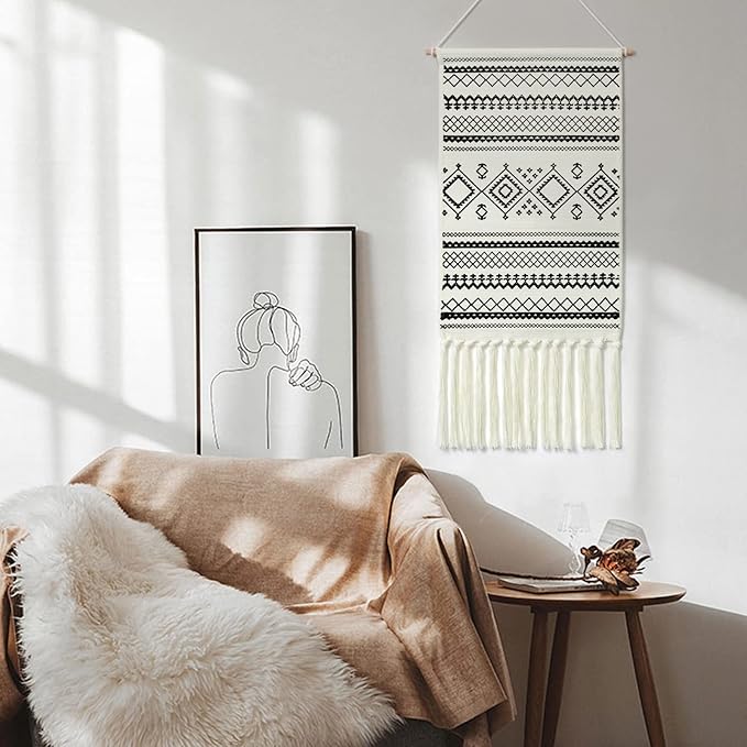 Dremisland Macrame Woven Wall Hanging Tapestry- Boho Chic Bohemian Home Decor Geometric Art Decor Boho Backdrop - Beautiful Apartment Dorm Room Door Decoration, 17.7" W x 32" L (Sendia-Black)